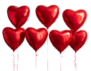 Red party heart shaped balloons with isolated against transparent background. Valentine's day concept 