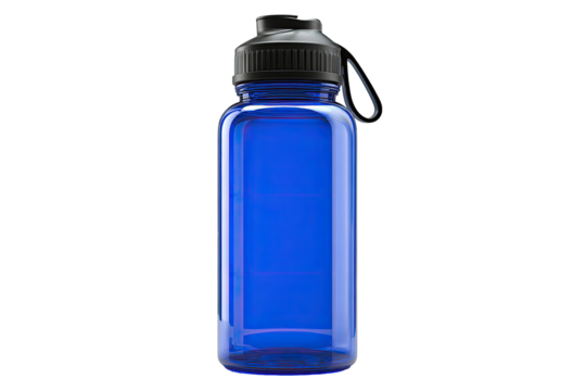 A vibrant, deep-blue plastic water bottle with a black cap and carrying loop.  It's rectangular, featuring a slightly ribbed texture