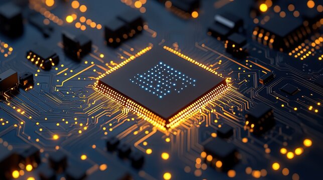 Close - up of a Central Processing Unit (CPU) on a Circuit Board with Illuminated Elements