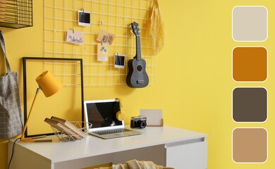 Interior of room with workplace, moodboard and ukulele. Different color patterns