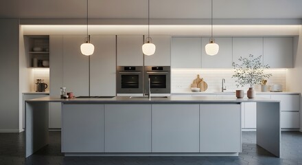 A contemporary kitchen features sleek white cabinets, a large central island, and integrated appliances. Soft, warm lighting illuminates the space, creating a calm and