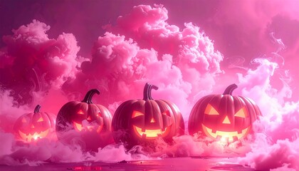 Dark Pink Gothic Halloween Background with Pumpkins in Smoke