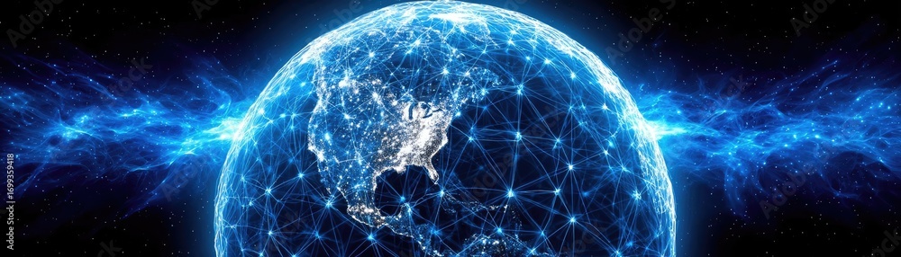 Poster background image displaying 5g global network technology concept. futuristic globe connected with di