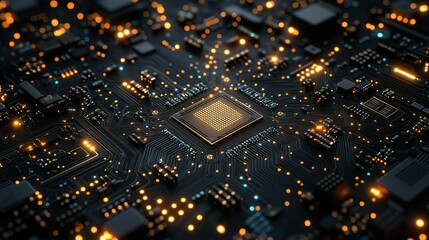 Obraz premium Close - up of a High - tech Circuit Board with Illuminated Components and Central Chip