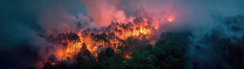 Aerial view of massive wildfire with smoke concept. Dramatic wildfire destroying forest, showcasing nature's fury.