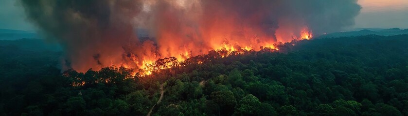 Aerial view of massive wildfire with smoke concept. Intense forest fire engulfing lush green trees and landscape.