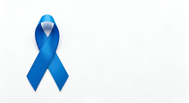 A single, tied blue ribbon on a white background; symbol of awareness and support, world diabetes day - Powered by Adobe