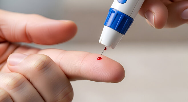 Close-up view of a finger being pricked with a lancet to draw blood, world diabetes day