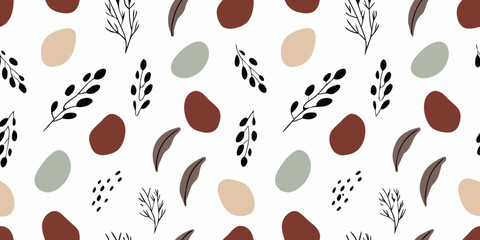Abstract organic shapes and minimalist branches seamless pattern in earthy tones