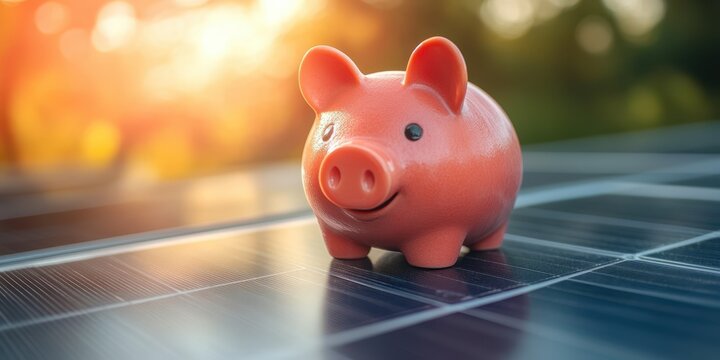 Piggy bank placed on solar panels during sunset highlighting savings and renewable energy - Powered by Adobe