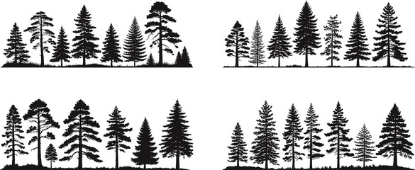 set of Pine and Fir Trees in Row
