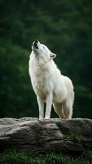 Majestic Arctic Wolf Howling on Rocky Outcrop with Lush Green Forest Background