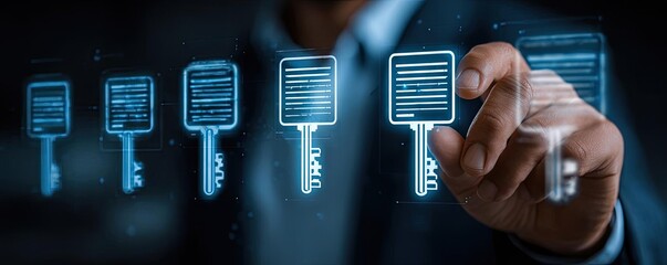 Role of content curation in marketing concept. A person interacting with digital keys on a futuristic interface.