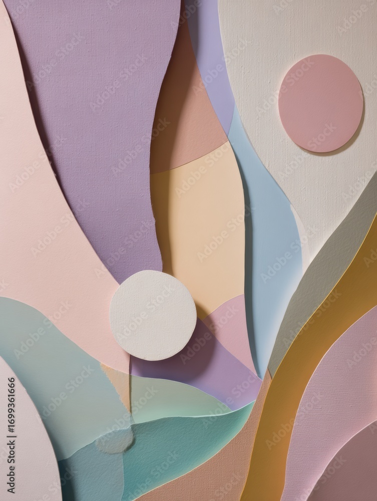 Poster colorful abstract paper cut art with soft curves and shapes displayed on a light background
