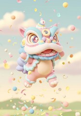 Fototapeta premium Pastel white lion dance with confetti.