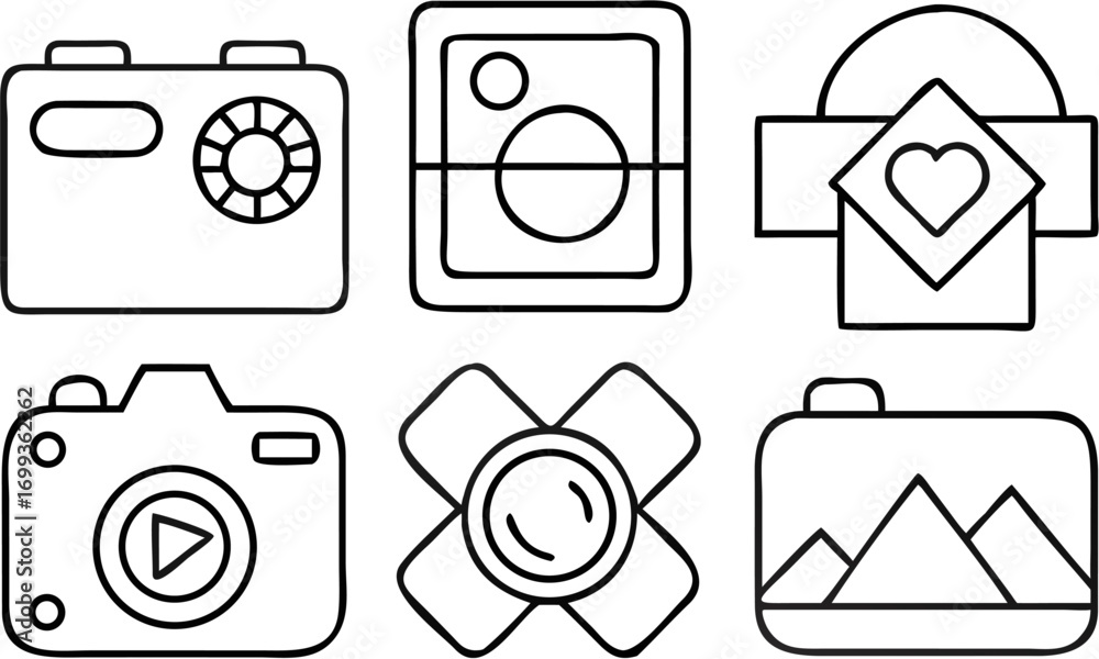 Poster vector collection of six camera icons in outline style, featuring different designs and lens configu
