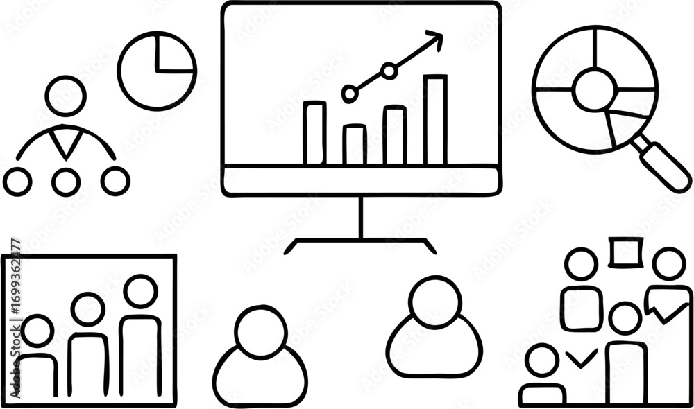 Poster vector business presentation with data analysis and team collaboration in line art style on white ba