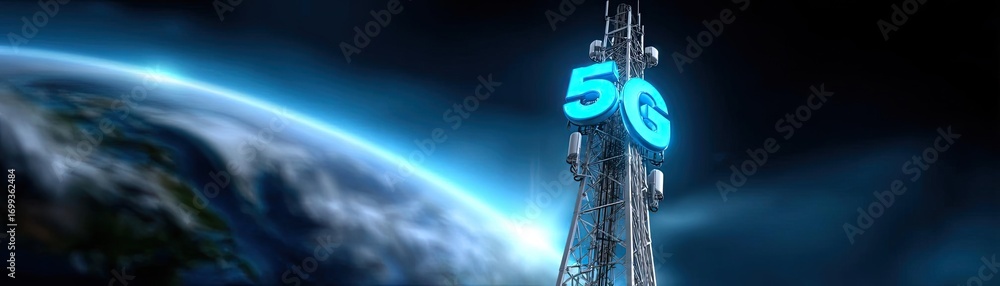 Poster background image displaying 5g global network technology concept. futuristic 5g tower broadcasting s