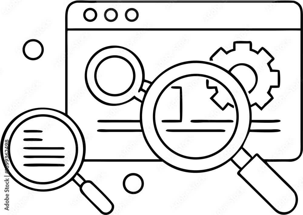 Poster vector line art of a browser window with a gear and magnifying glasses for search engine optimizatio