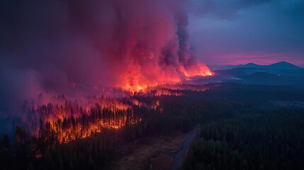 Fototapeta premium Aerial view of massive wildfire with smoke concept. Dramatic wildfire scene with smoke and flames engulfing forest.
