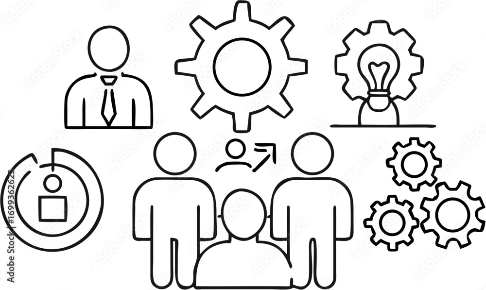 Poster vector outline illustration showing business people gears and progress chart representing teamwork a