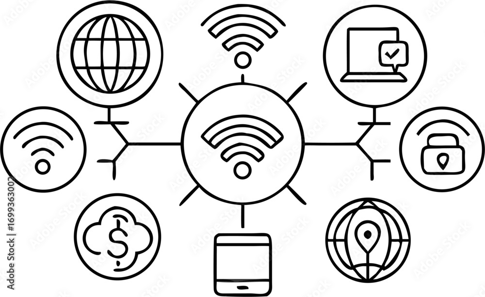 Poster vector illustration of a central wifi symbol connected to various icons representing technology and 