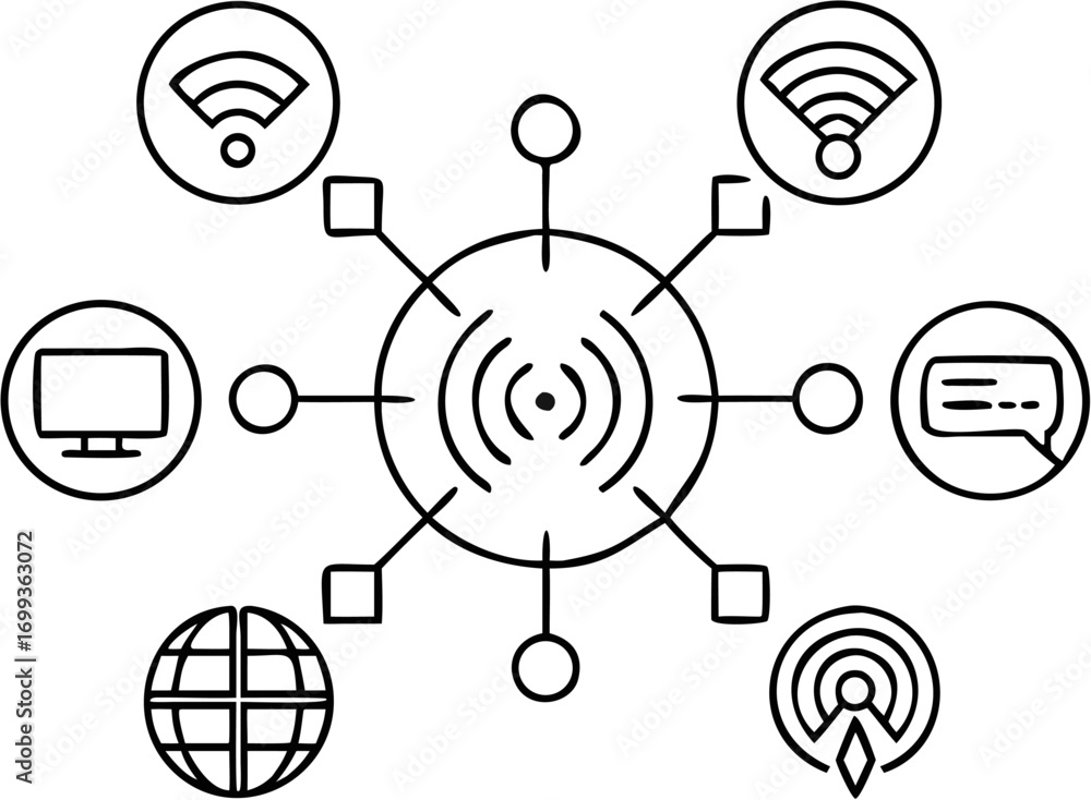 Poster vector network connectivity diagram showing wifi signals, tv, globe, chat and broadcast icons connec