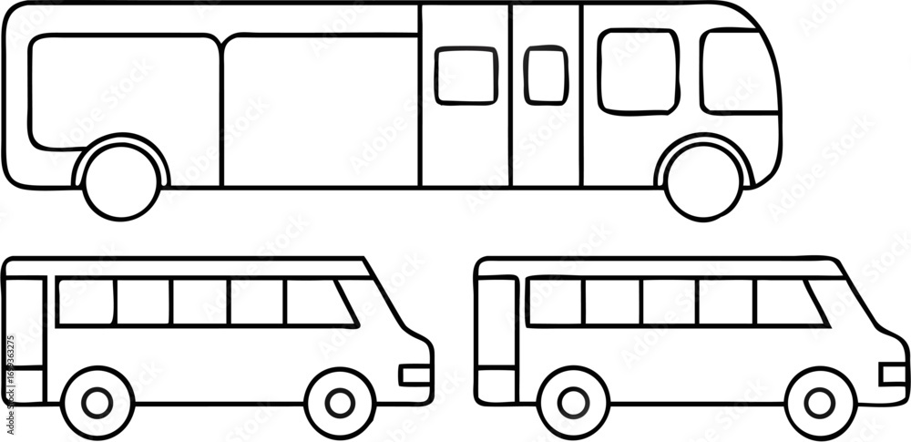 Poster vector three black and white outline drawings of buses with different sizes and window arrangements 
