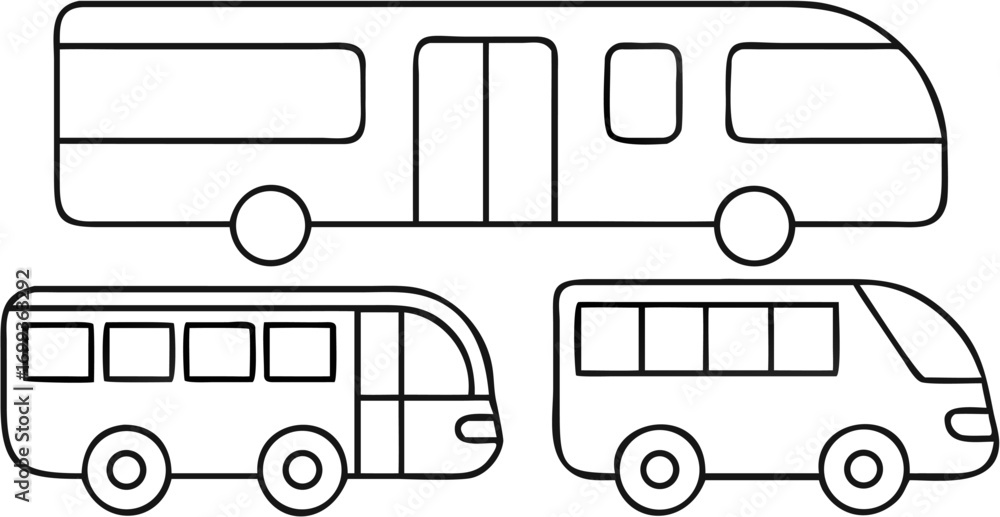 Poster vector three outlined buses of different sizes with windows and wheels on a white background illustr