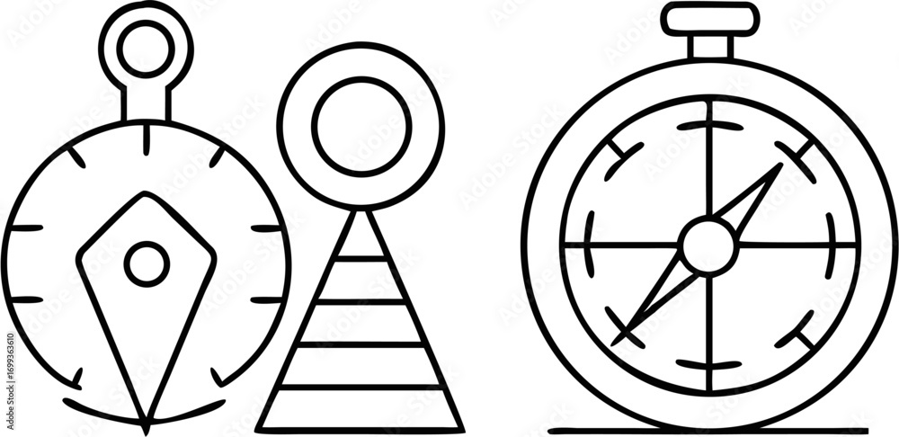 Poster vector illustration of two compasses and a triangular antenna with a circle on top in black outline 