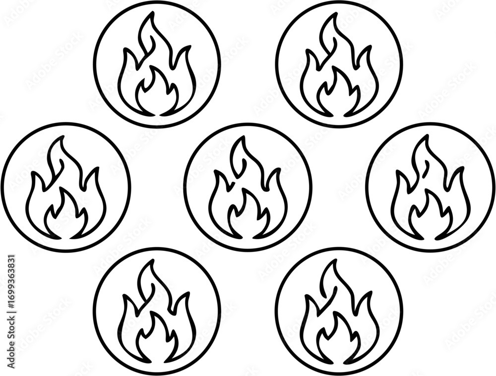 Poster vector seven outlined fire icons arranged in a circular pattern on a white background in a vector gr