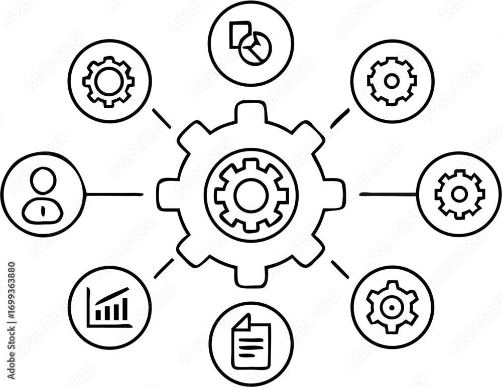 Poster vector outline drawing of a central gear surrounded by icons representing data management and config