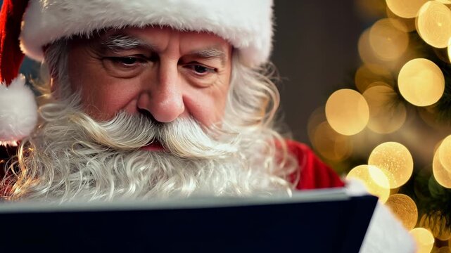 Santa Claus sits in the warehouse of his factory and keeps a record of gifts. Warehouse of gifts of Santa Claus. Accounting and distribution Christmas gifts for all children on the planet.