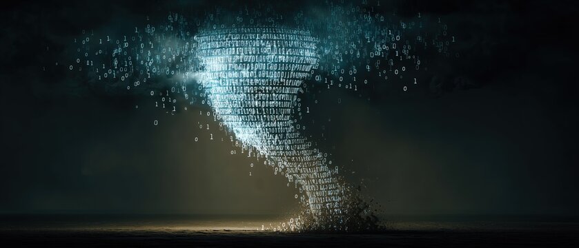 Digital data tornado swirling above dark landscape