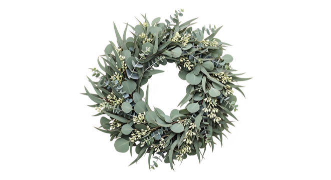 A decorative eucalyptus wreath with delicate foliage and berries, perfect for a fresh, natural home accent or seasonal display