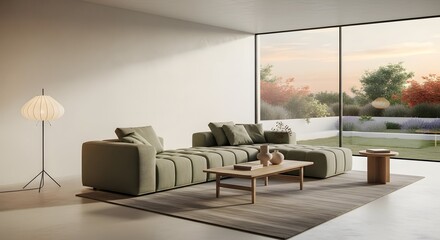 Light green modular sofa with light wood coffee table in a contemporary living room featuring large windows and minimalist decor. 