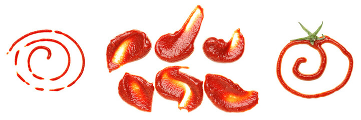 Samples of tasty tomato paste on white background