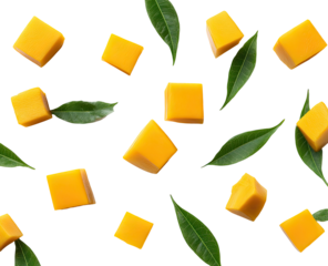 Mango cubes scattered, vibrant yellow, with green leaves, on black background