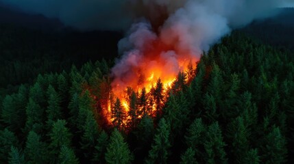 Fototapeta premium Aerial view of massive wildfire with smoke concept. Aerial view of a forest fire engulfing trees and producing smoke.