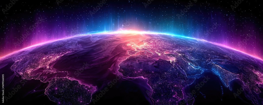 Poster background image displaying 5g global network technology concept. vibrant view of earth with glowing