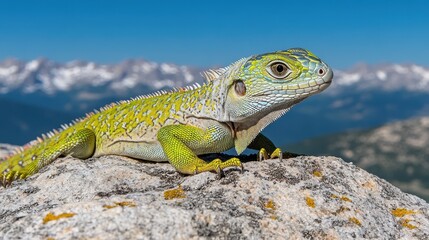 Fototapeta premium Colorful lizard on rocky surface with mountains in background