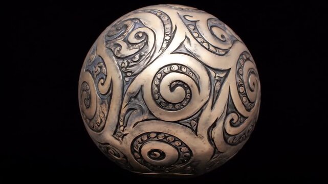 Intricate, detailed design adorns a spherical decorative object.
