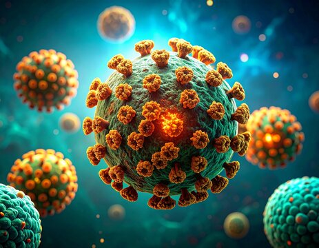 3D hepatitis B virus (HBV) particles &mdash; hepatotropic virus on clean medical background.