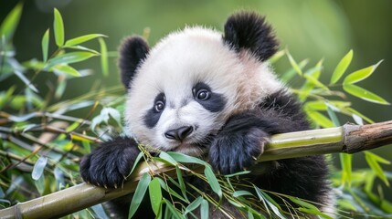 Cute Baby Panda Resting on Bamboo in Green Foliage