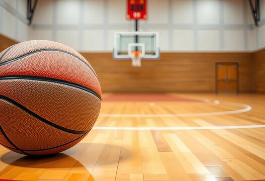 Close-up of basketball on hardwood court, net in background,  background,  sports photography