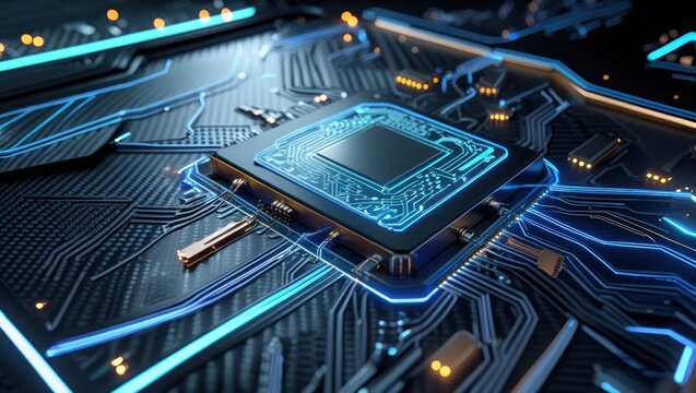 High-tech close-up of a central processing unit, highlighted by vibrant blue neon lighting, showcasing intricate circuit board details.