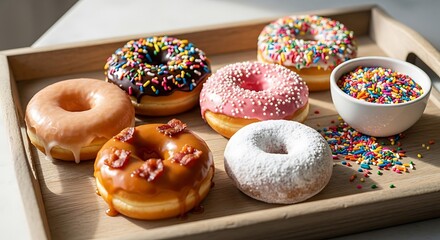 Assorted donuts on wooden tray, sweet indulgence and confectionery delights