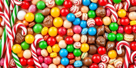 Fototapeta premium Colorful candy canes, gumdrops, and chocolates arranged in festive Christmas patterns, vibrant, candy cane