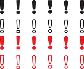 exclamation mark, icon, symbol, punctuation, black, red, set, collection, warning, alert, attention, emphasis, important, notification, graphic, design, element, simple, bold, outline, filled, white b