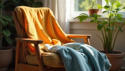 Cozy interior scene featuring a pair of comfortable pants casually draped over a wooden chair, sunlight illuminating soft fabric textures , sunlight, home decor